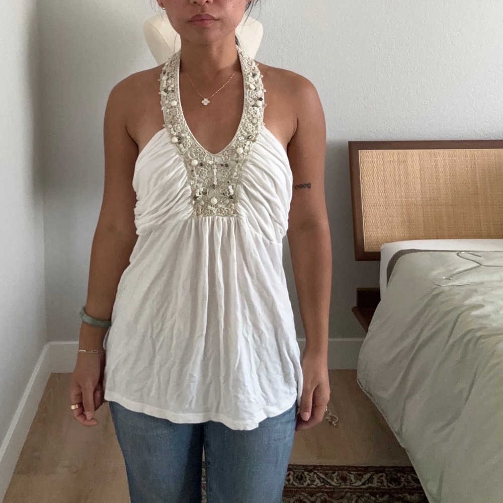 Express Women Cream Embellished Halter Top Sequin Beaded Boho Size S